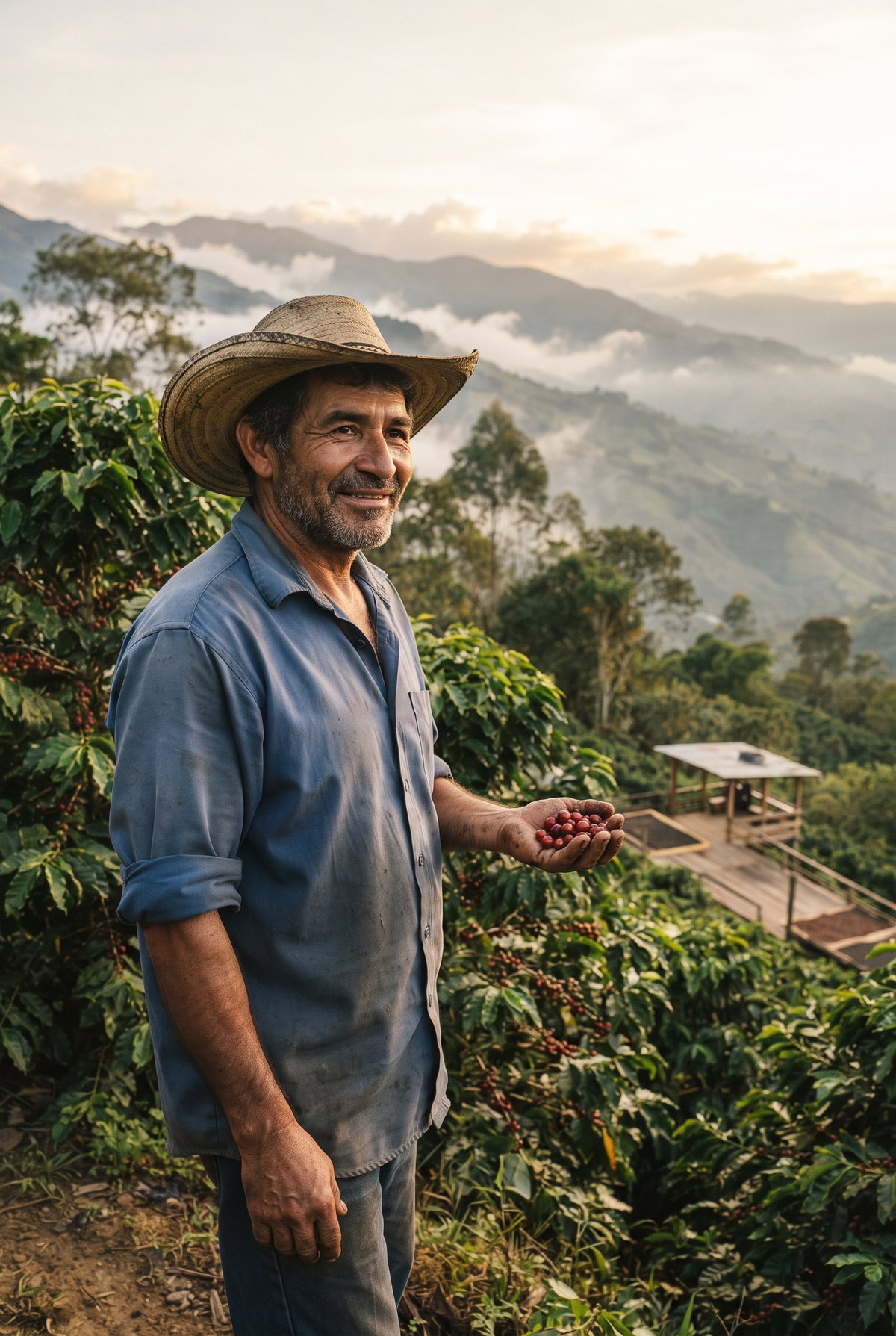 Caficultor colombiano sosteniendo cerezas de cafe recien cosechadas en su finca en los Andes