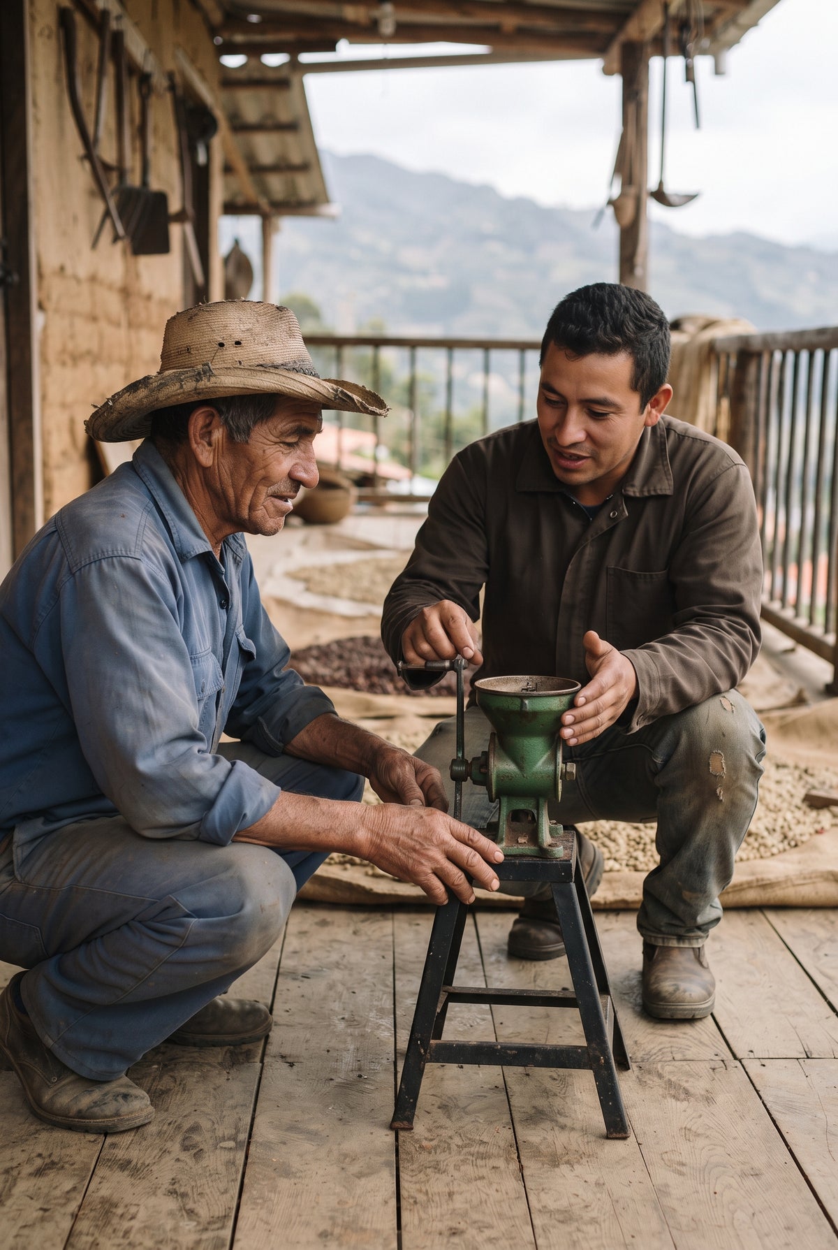 Dos hombres ajustando un molino de cafe verde en un patio rural