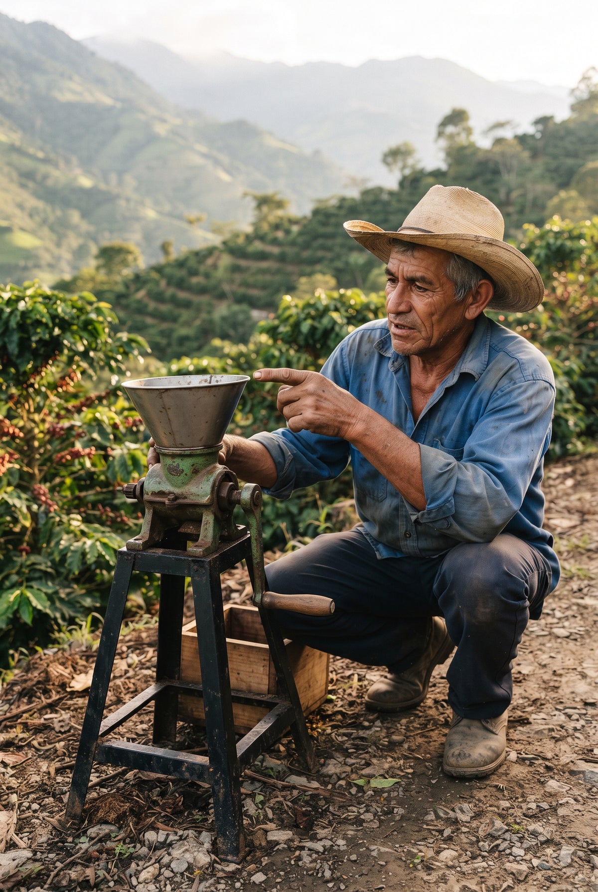 Caficultor senalando el molino de cafe en su finca al atardecer